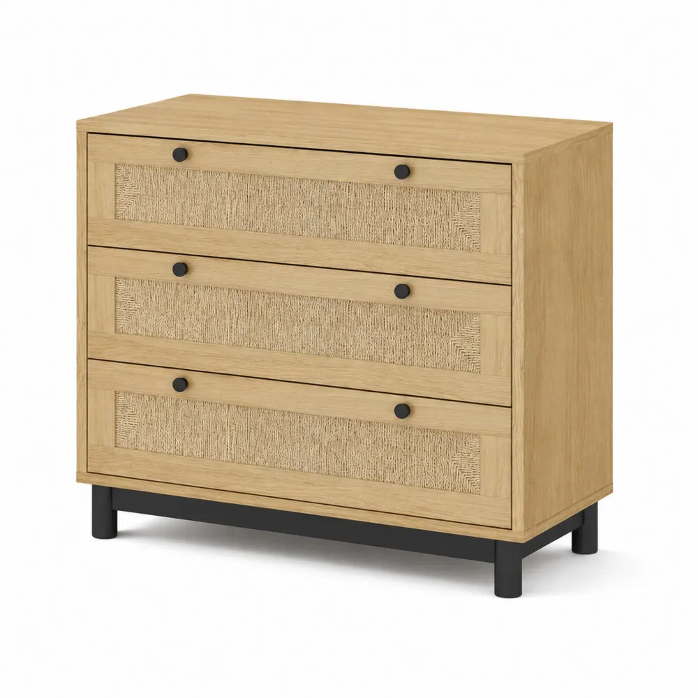 Commode en bois à 3 tiroirs avec façade en osier