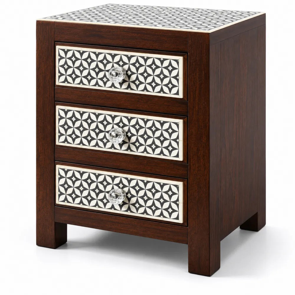 Table de chevet en bois avec 3 tiroirs et mosaïque