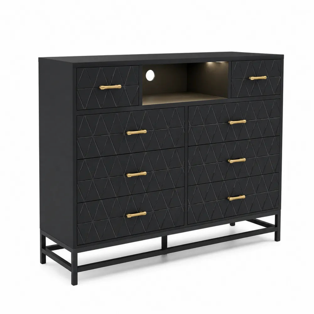 Commode en bois noire avec 10 tiroirs et poignées dorées