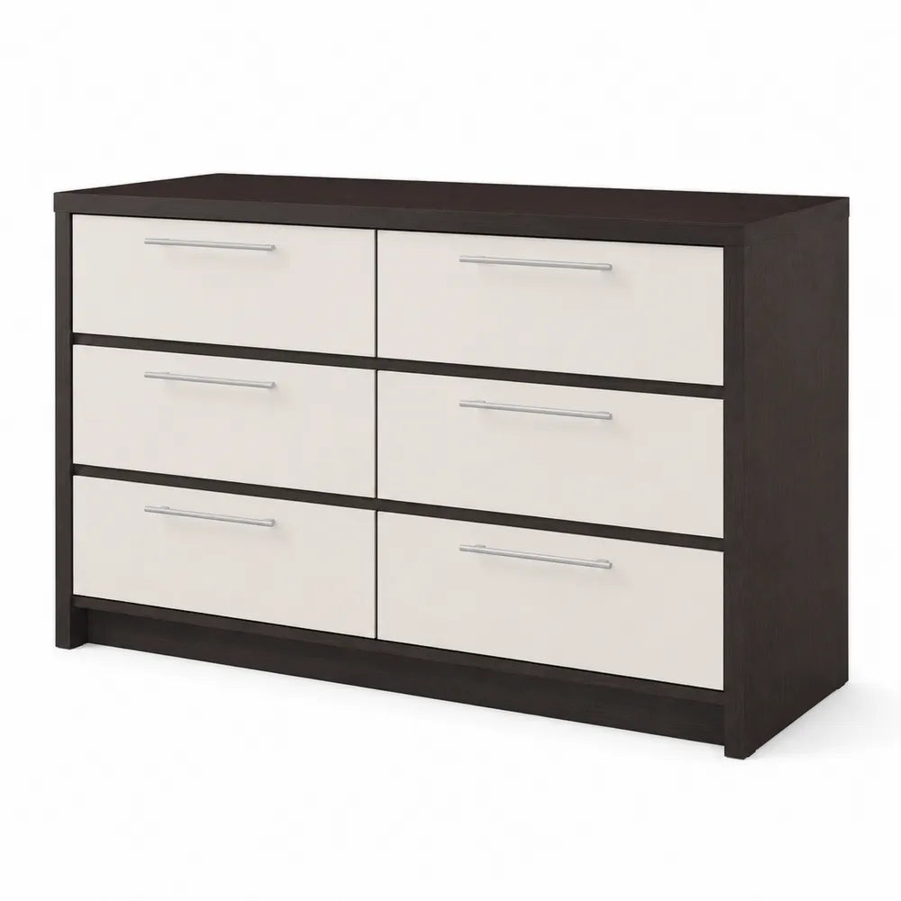 Commode à 6 tiroirs en bois MDF marron et blanc avec poignées en métal