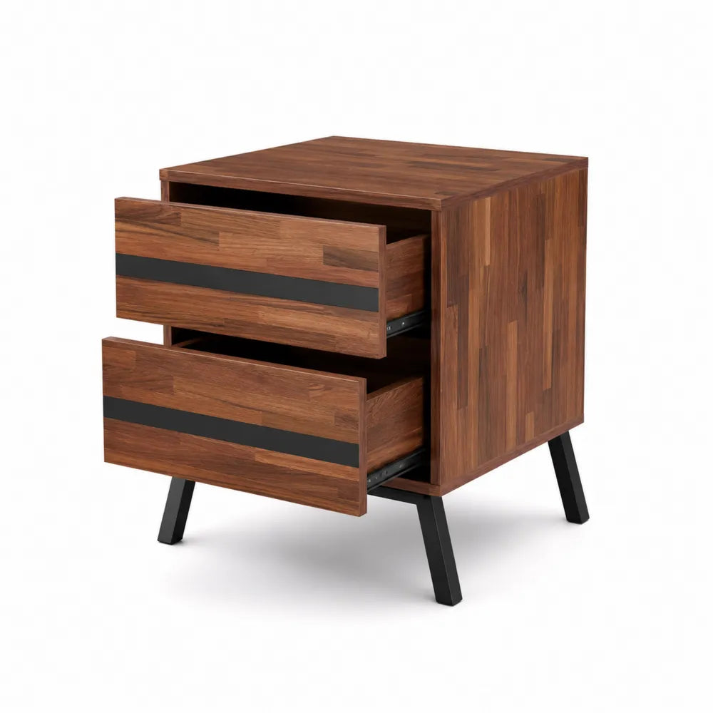 Table de chevet en bois avec 2 tiroirs et pieds en métal